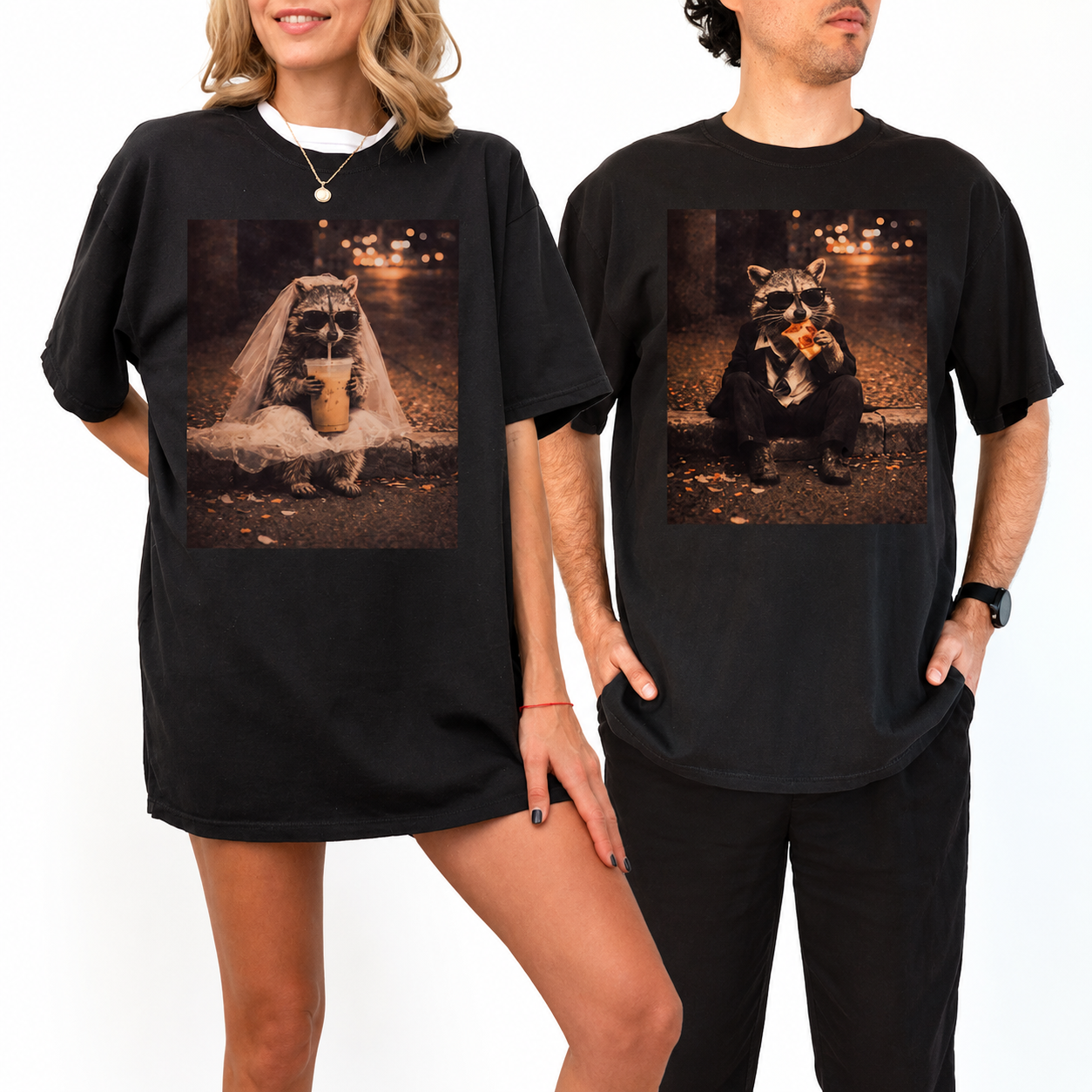Bride and Groom Raccoon Photo Wedding Shirt, Funny Mr And Mrs Matching Tees, Feral Newlywed Honeymoon Couples Tshirt, Bride Groom Gift