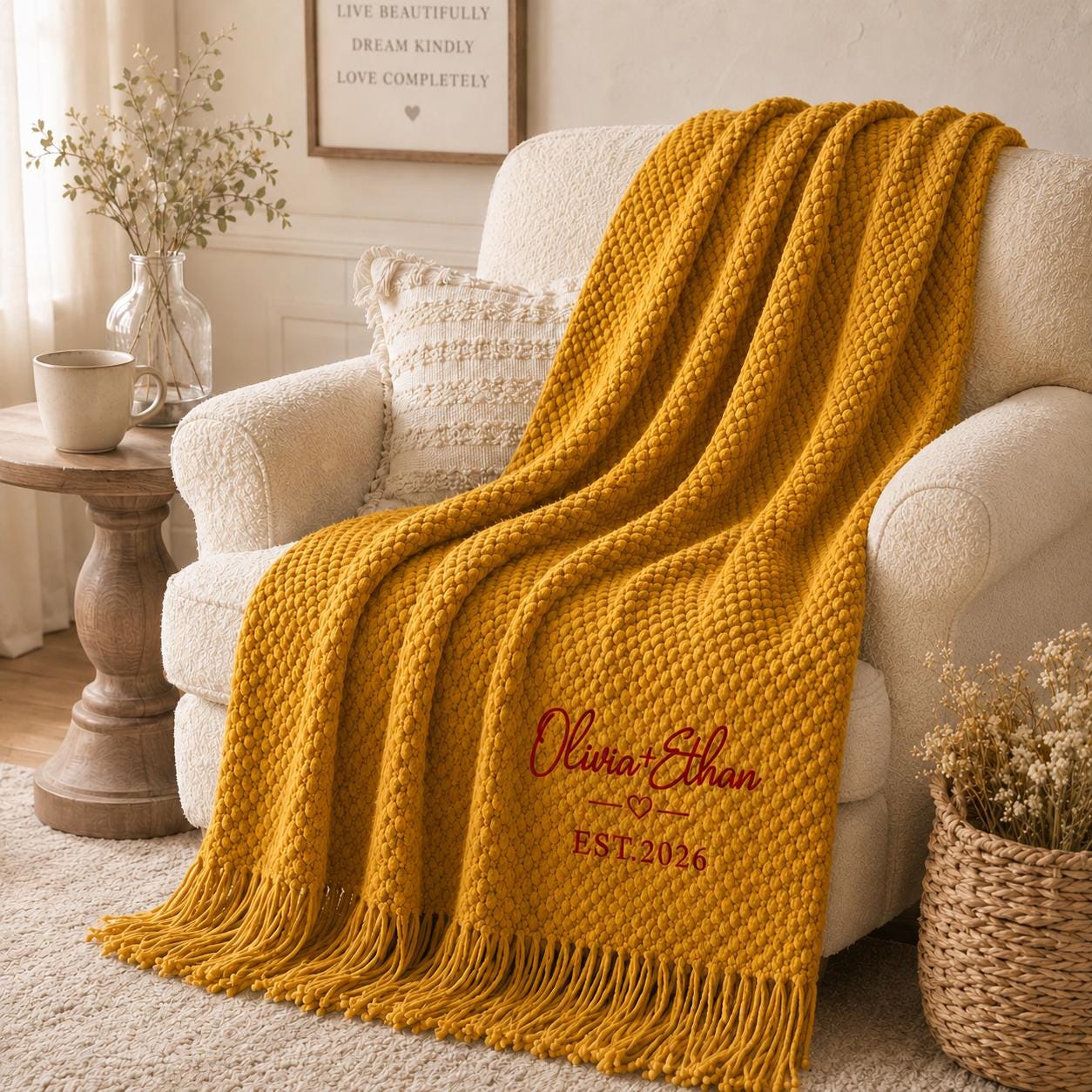 Personalized Wedding Knit Blanket, Custom Embroidered Throw Blanket with Names and Date, Anniversary Gift for Couple, Cozy Fringe Blanket