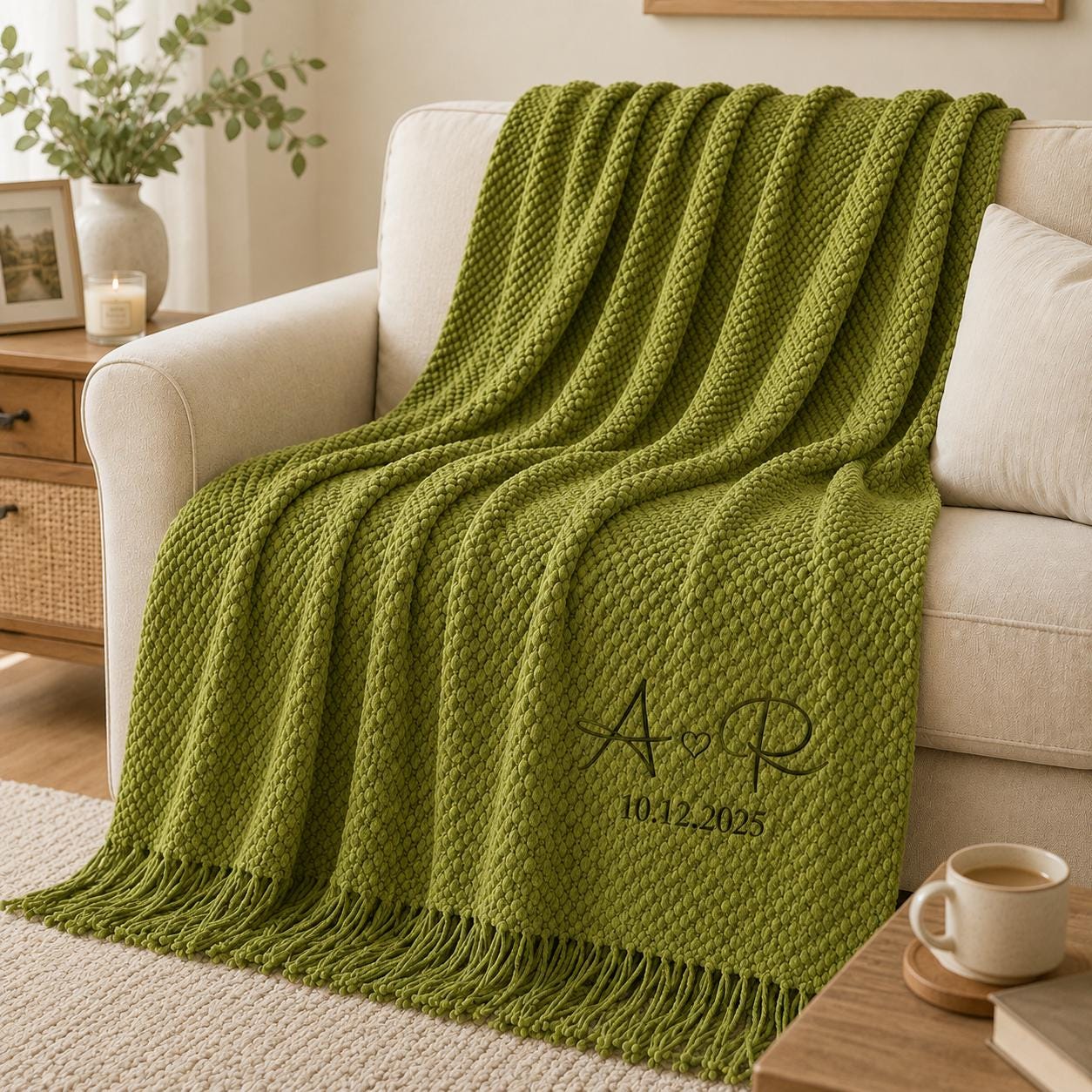 Personalized Wedding Knit Blanket, Custom Embroidered Throw Blanket with Names and Date, Anniversary Gift for Couple, Cozy Fringe Blanket
