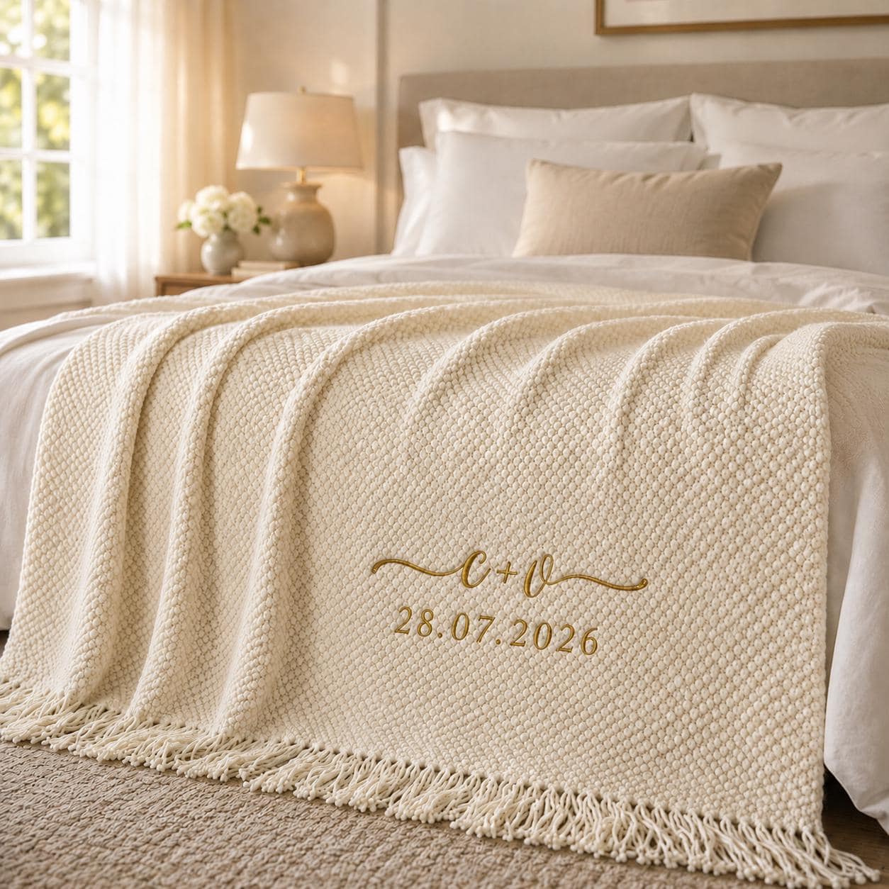 Personalized Knit Blanket, Custom Name & Date Throw, Cozy Gift for Couples, Friends & Family, Wedding, Newlywed or Anniversary Keepsake