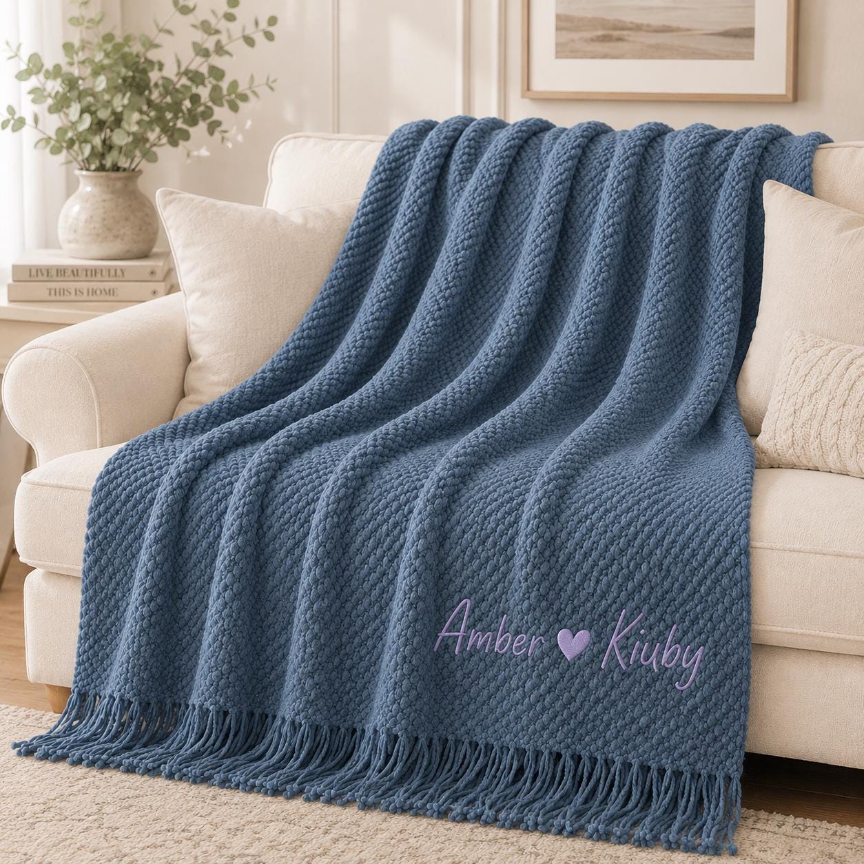 Personalized Wedding Knit Blanket, Custom Embroidered Throw Blanket with Names and Date, Anniversary Gift for Couple, Cozy Fringe Blanket