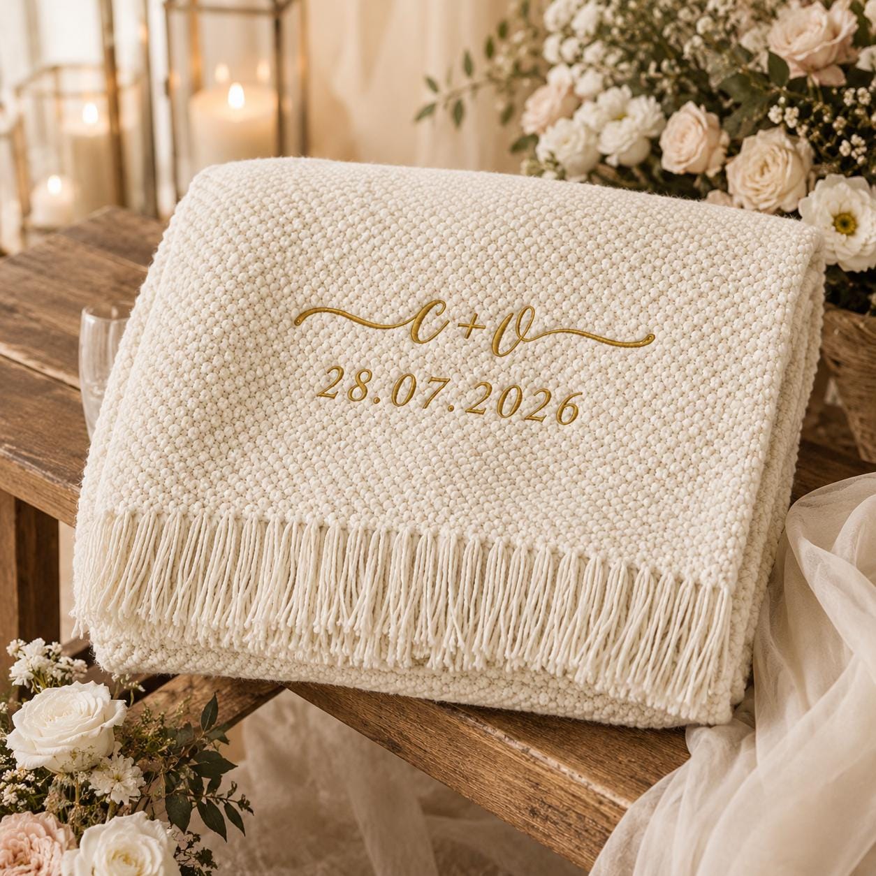 Personalized Knit Blanket, Custom Name & Date Throw, Cozy Gift for Couples, Friends & Family, Wedding, Newlywed or Anniversary Keepsake
