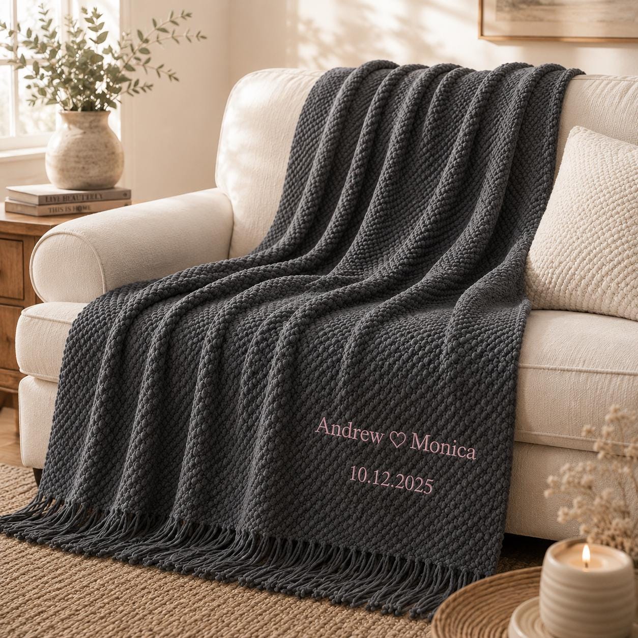 Personalized Wedding Knit Blanket, Custom Embroidered Throw Blanket with Names and Date, Anniversary Gift for Couple, Cozy Fringe Blanket