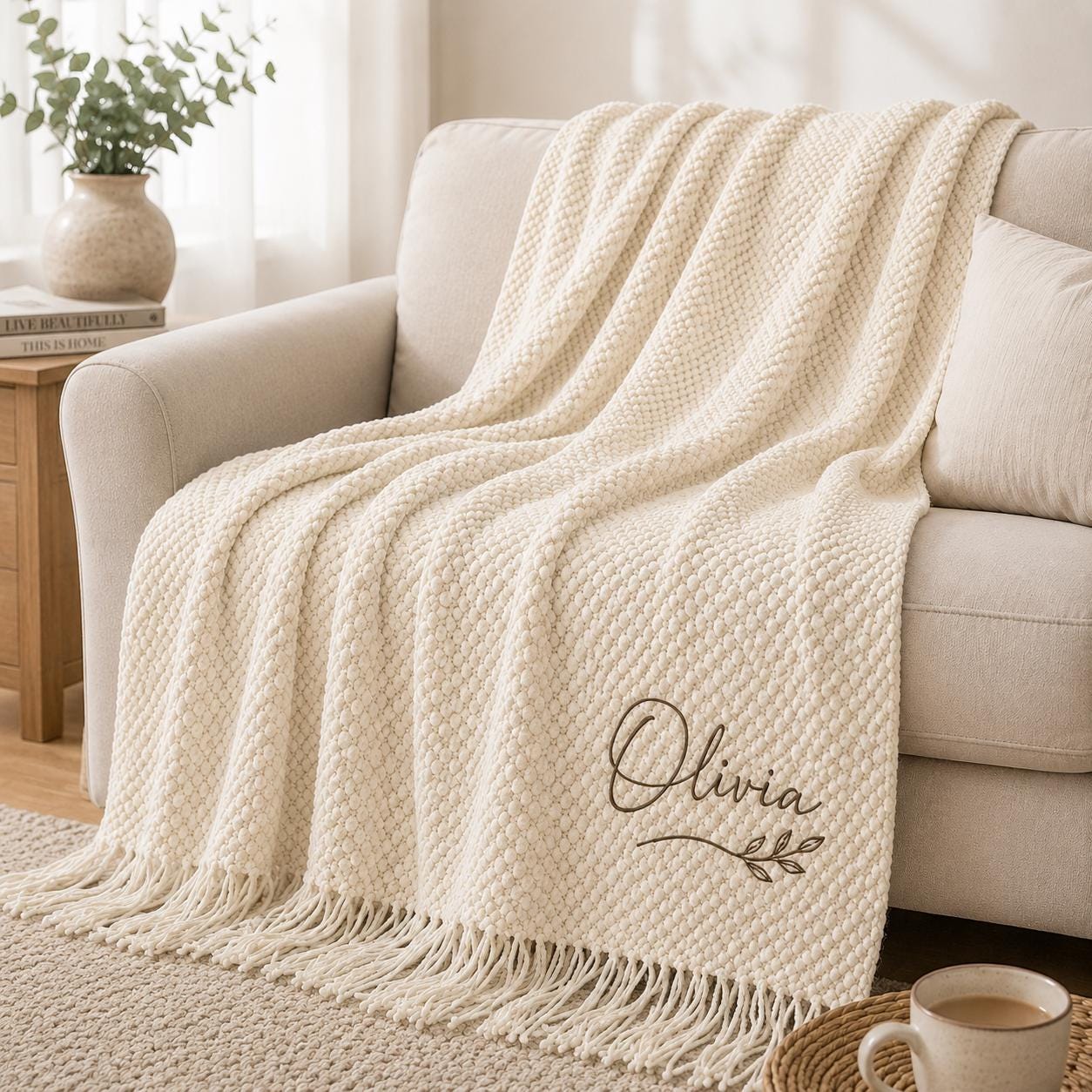 Personalized Wedding Knit Blanket, Custom Embroidered Throw Blanket with Names and Date, Anniversary Gift for Couple, Cozy Fringe Blanket