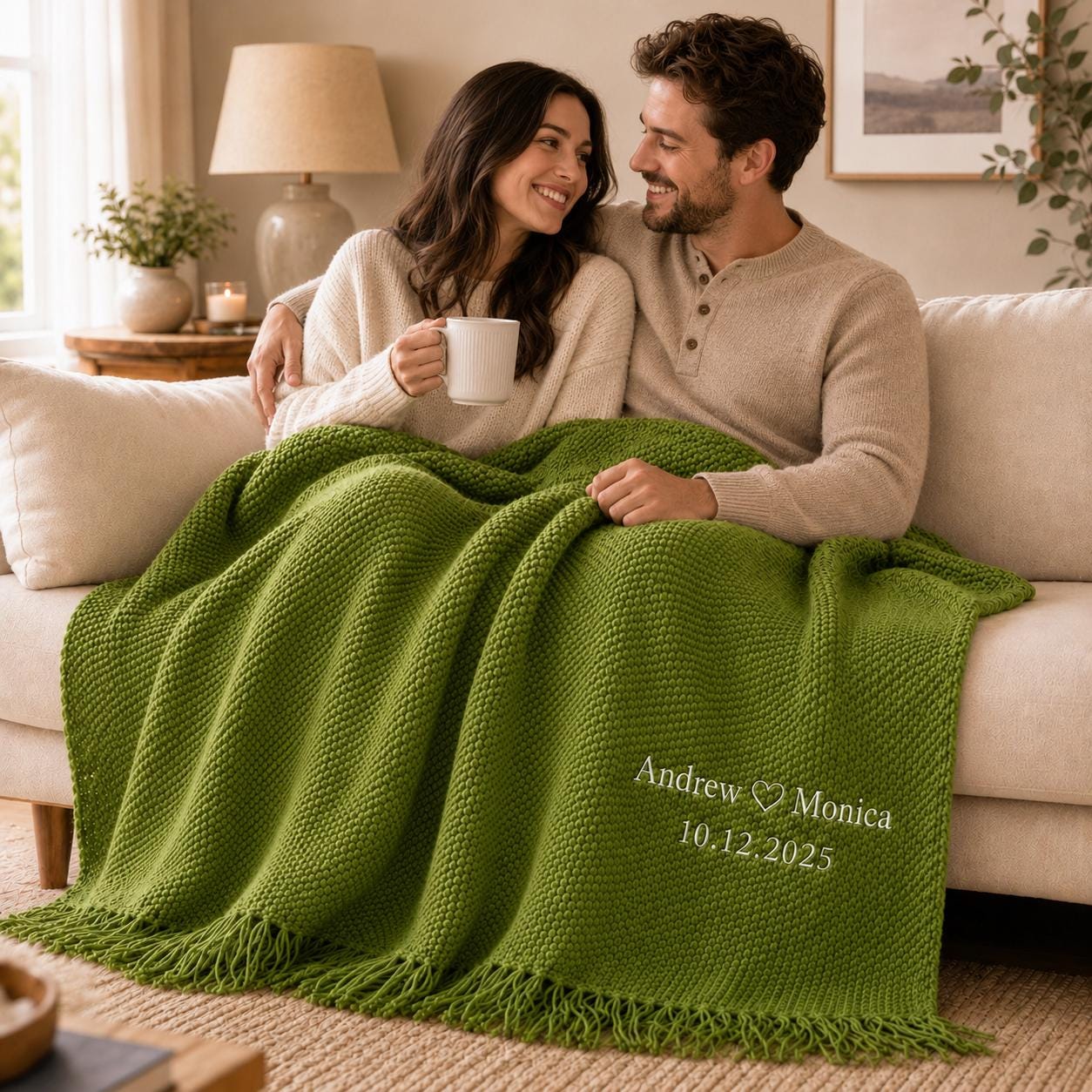 Personalized Wedding Knit Blanket, Custom Embroidered Throw Blanket with Names and Date, Anniversary Gift for Couple, Cozy Fringe Blanket