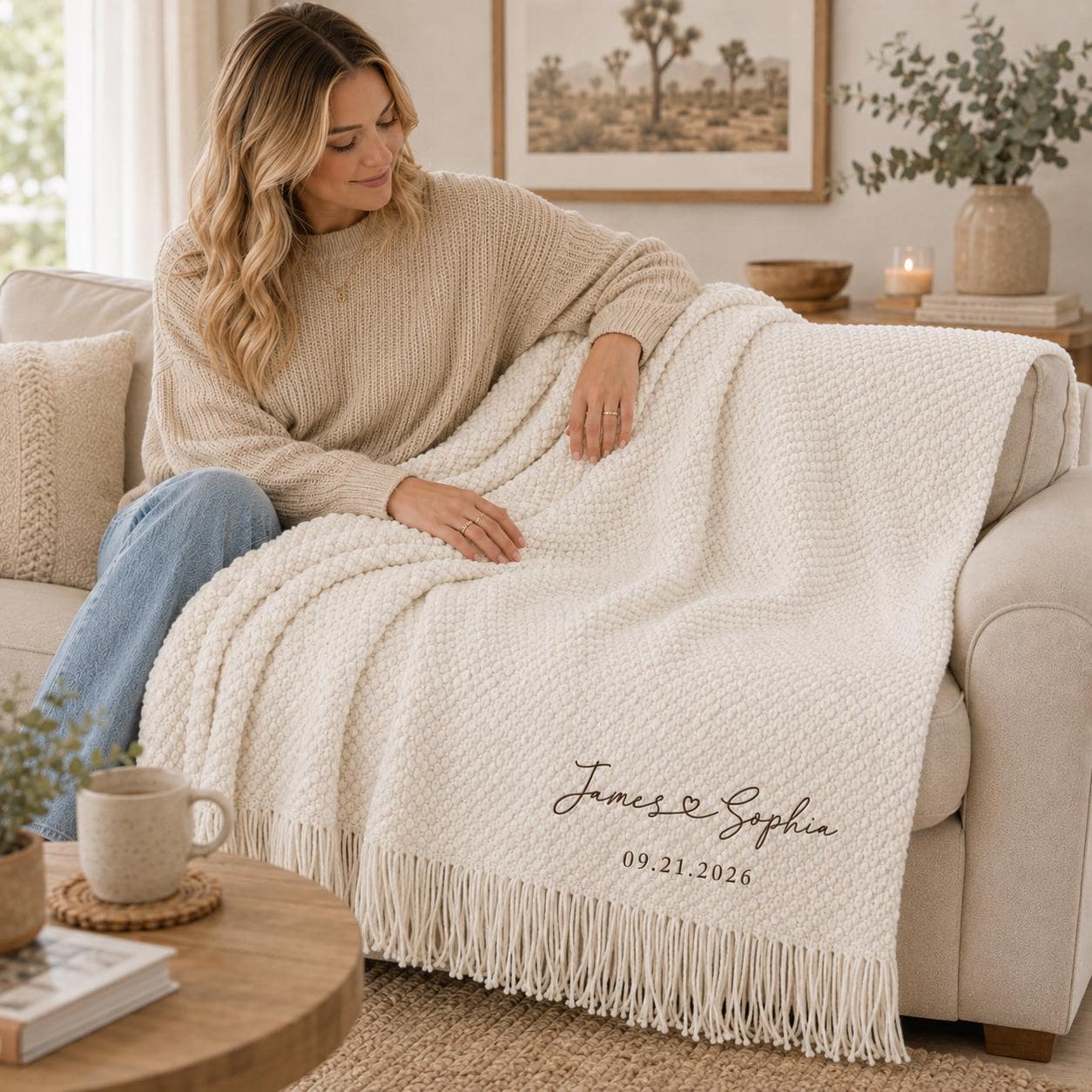 Personalized Wedding Knit Blanket, Custom Embroidered Throw Blanket with Names and Date, Anniversary Gift for Couple, Cozy Fringe Blanket
