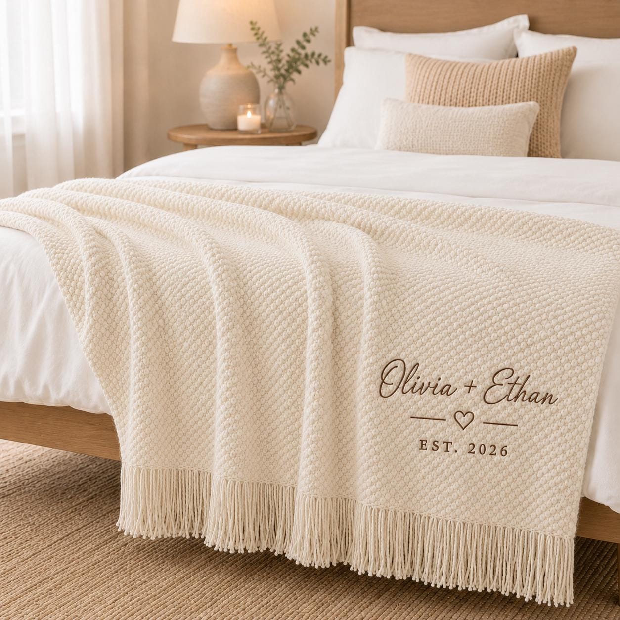 Personalized Wedding Knit Blanket, Custom Embroidered Throw Blanket with Names and Date, Anniversary Gift for Couple, Cozy Fringe Blanket
