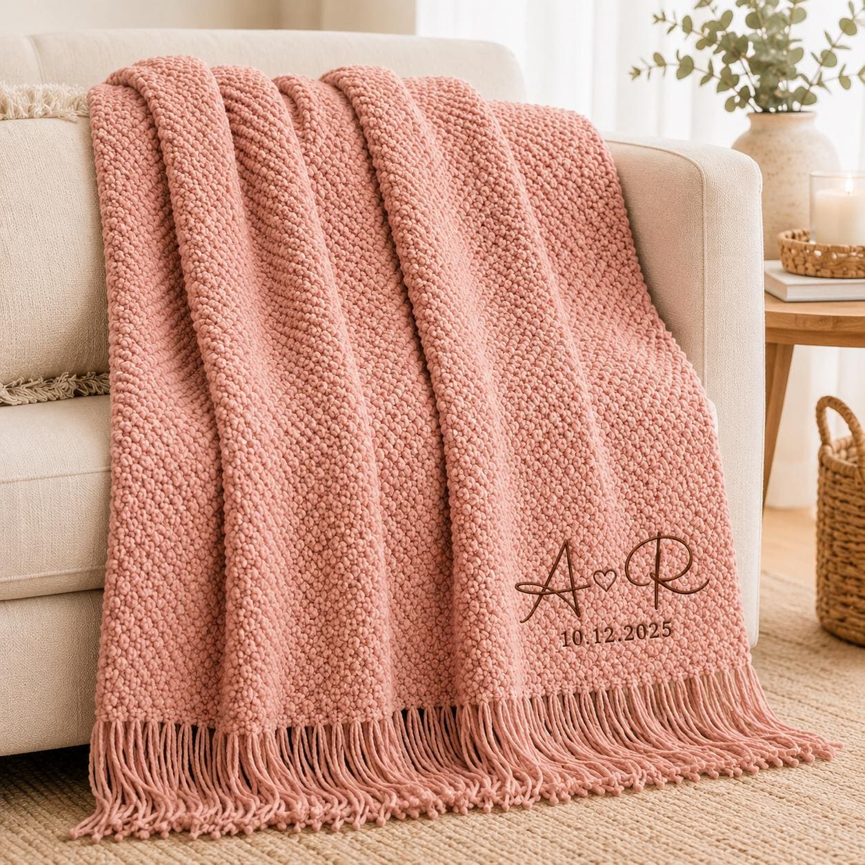Personalized Wedding Knit Blanket, Custom Embroidered Throw Blanket with Names and Date, Anniversary Gift for Couple, Cozy Fringe Blanket