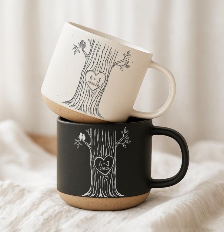 Personalized Couple Tree Mug, Custom Initials and Date Ceramic Coffee Cup image 1
