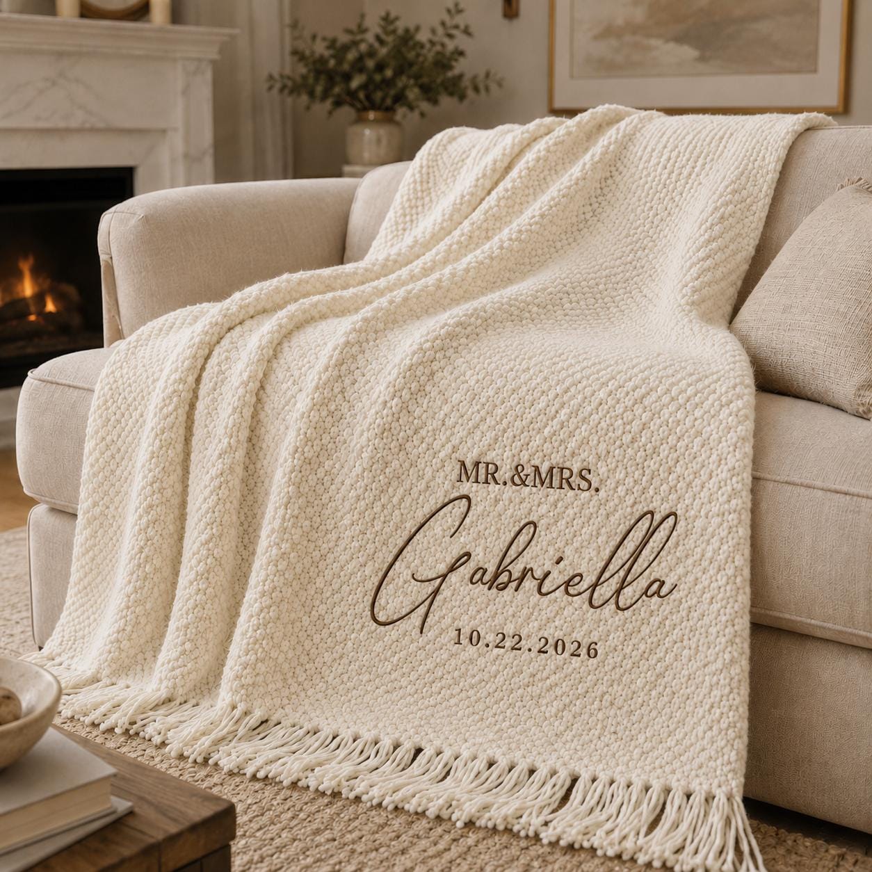Personalized Knit Blanket, Custom Name & Date Throw, Cozy Gift for Couples, Friends & Family, Wedding, Newlywed or Anniversary Keepsake