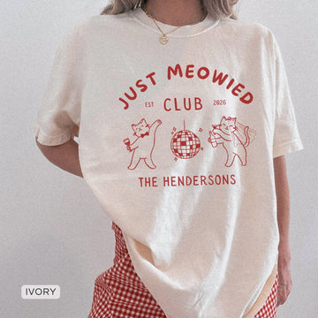 Personalized Just Meowied Club Shirt, Custom Cat Wedding Comfort Colors Tee image 1