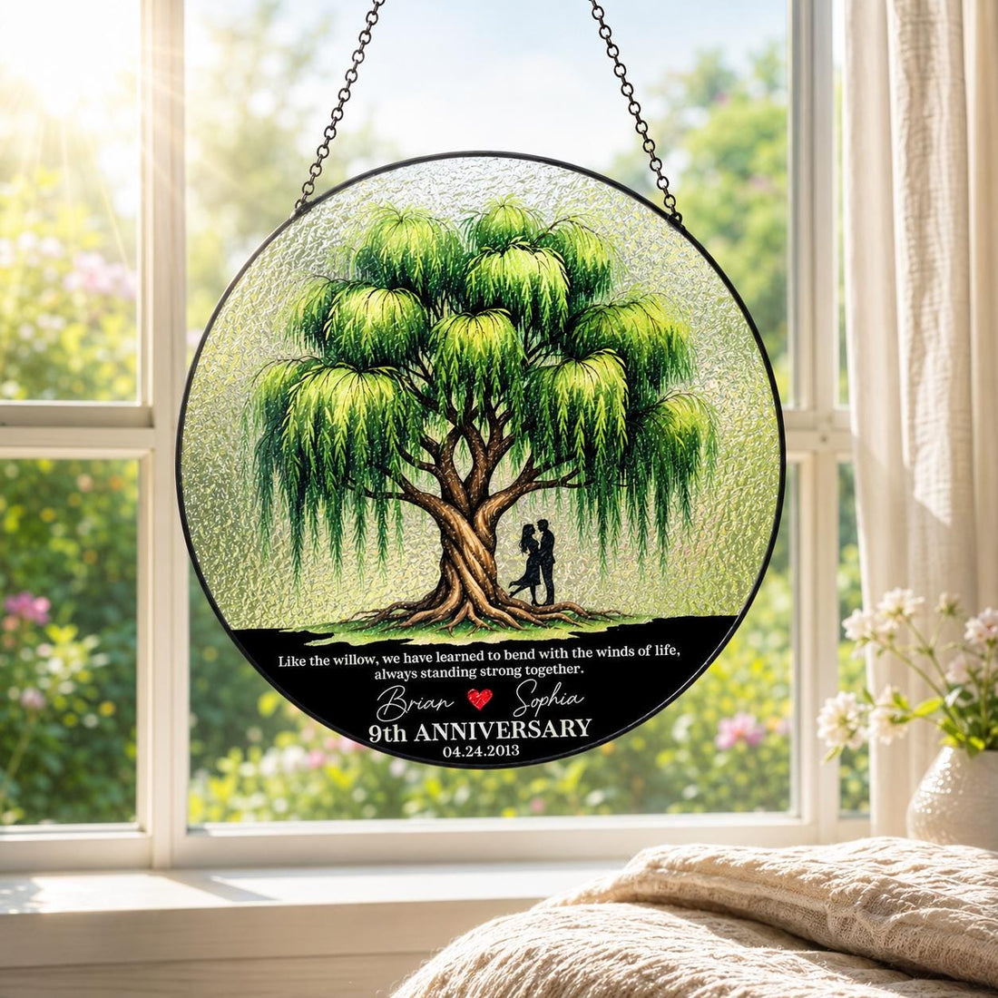 Personalized Willow Tree Anniversary Suncatcher, Custom Stained Glass Window Hanging image 1