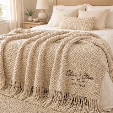 Personalized Wedding Knit Blanket, Custom Embroidered Throw Blanket with Names and Date, Anniversary Gift for Couple, Cozy Fringe Blanket