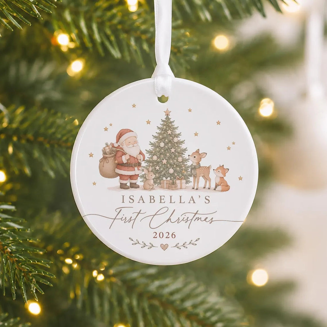 Personalised Baby's First Christmas Bauble, Babys 1st Xmas Santa Woodland Animals Theme, New Baby Christmas Ornament Gift
