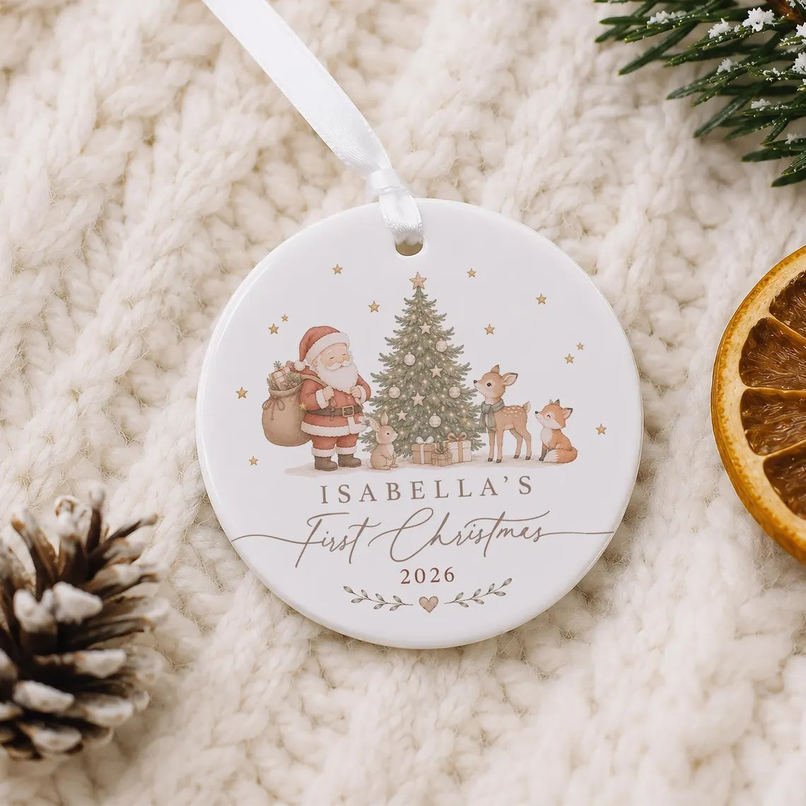 Personalised Baby's First Christmas Bauble, Babys 1st Xmas Santa Woodland Animals Theme, New Baby Christmas Ornament Gift