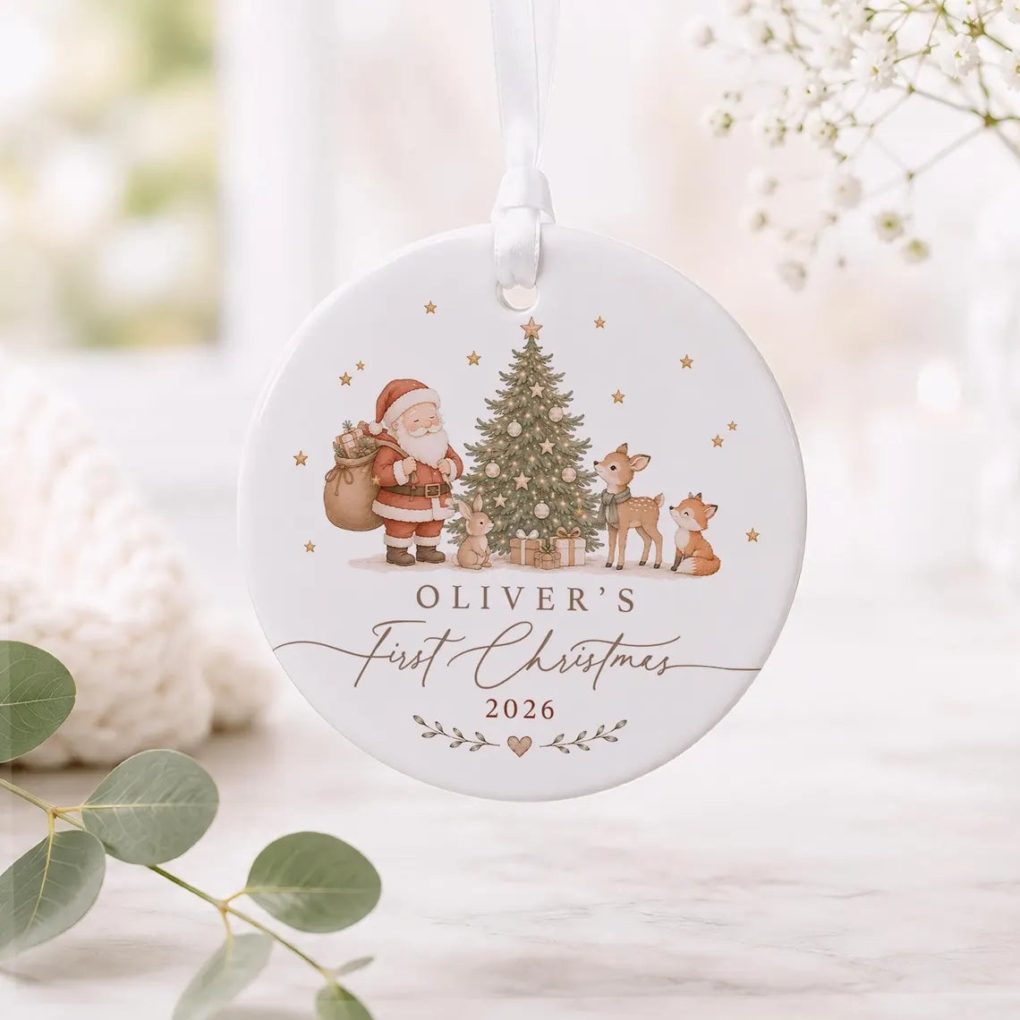 Personalised Baby's First Christmas Bauble, Babys 1st Xmas Santa Woodland Animals Theme, New Baby Christmas Ornament Gift