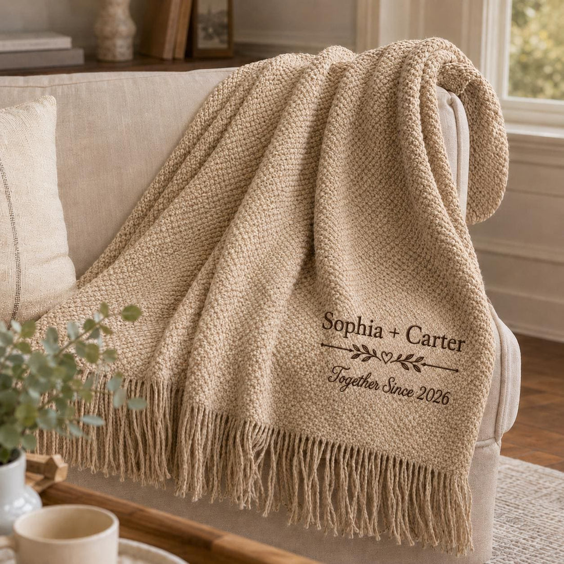 Personalized Knit Blanket, Custom Name & Date Throw, Cozy Gift for Couples, Friends & Family, Wedding, Newlywed or Anniversary Keepsake