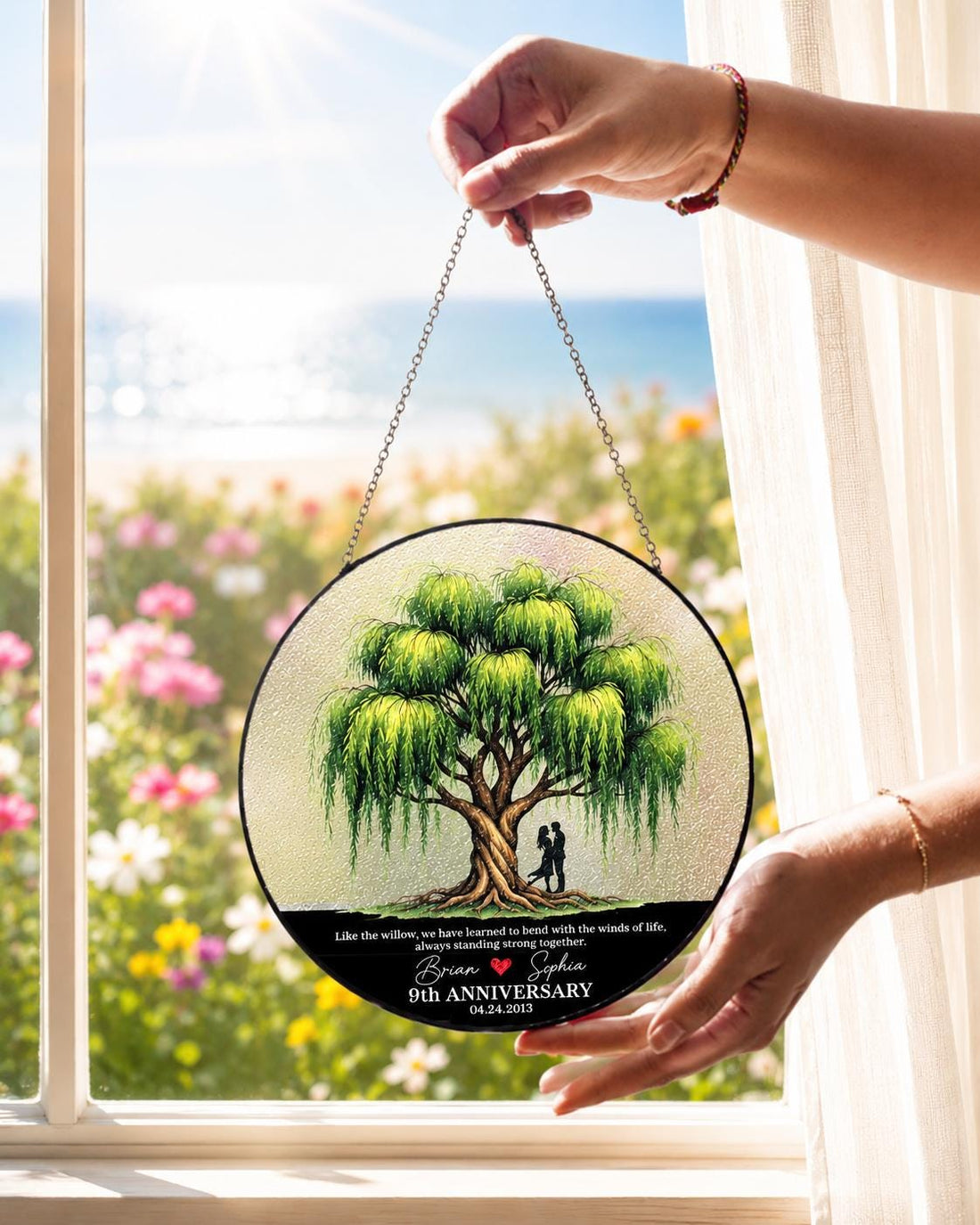 Personalized Willow Tree Anniversary Suncatcher, Custom Stained Glass Window Hanging image 1