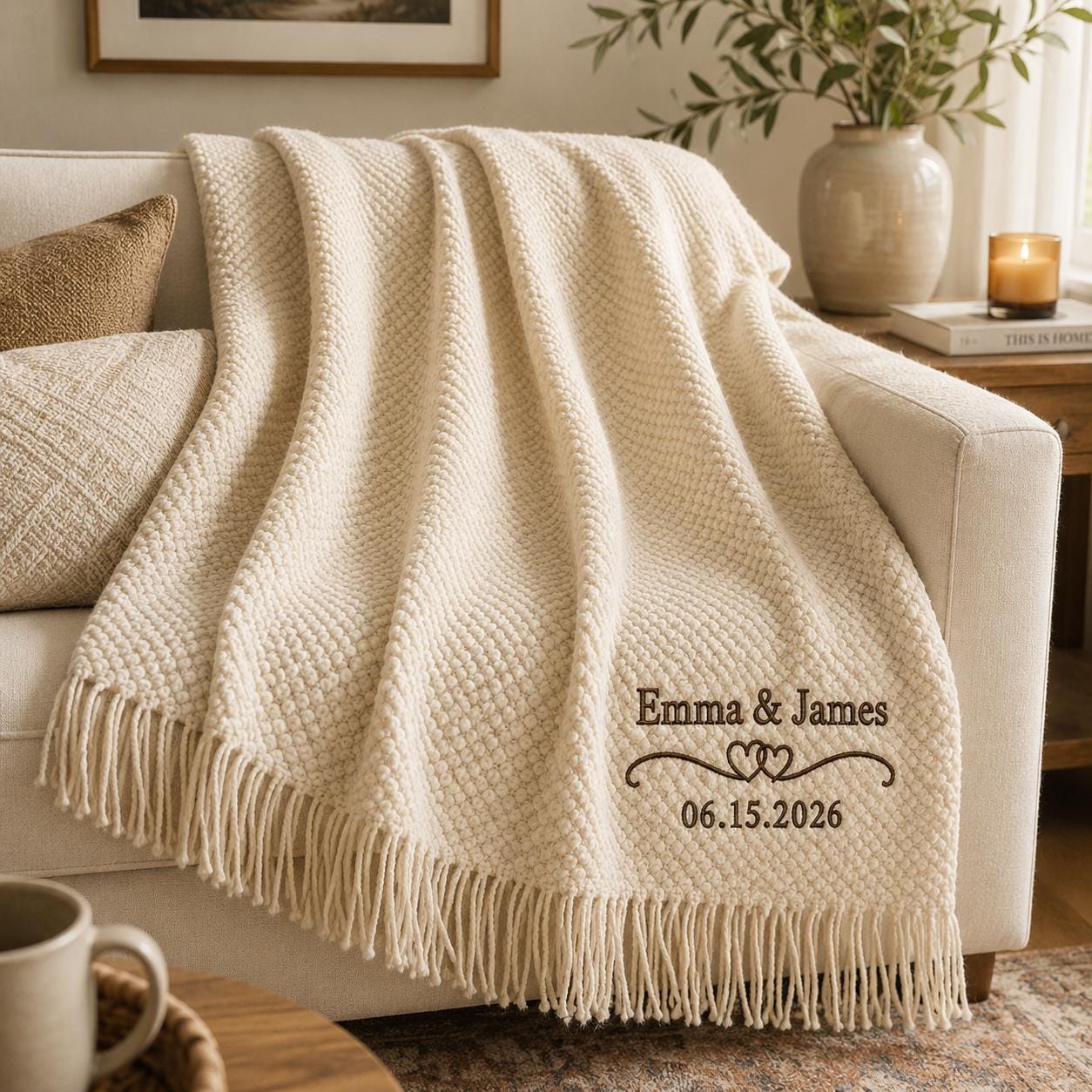 Personalized wedding throw blanket mockup 2