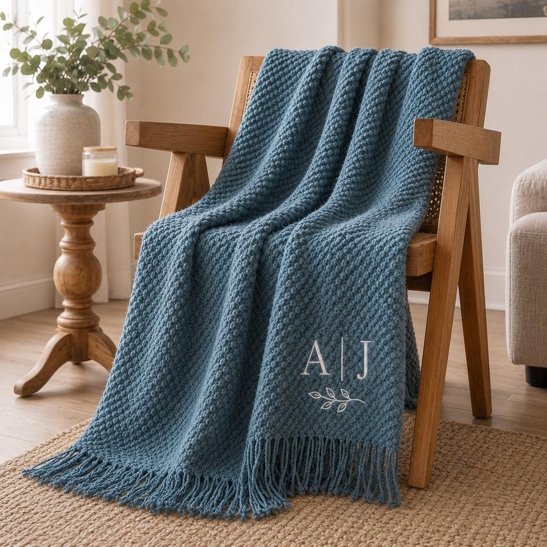 Personalized Wedding Knit Blanket, Custom Embroidered Throw Blanket with Names and Date, Anniversary Gift for Couple, Cozy Fringe Blanket