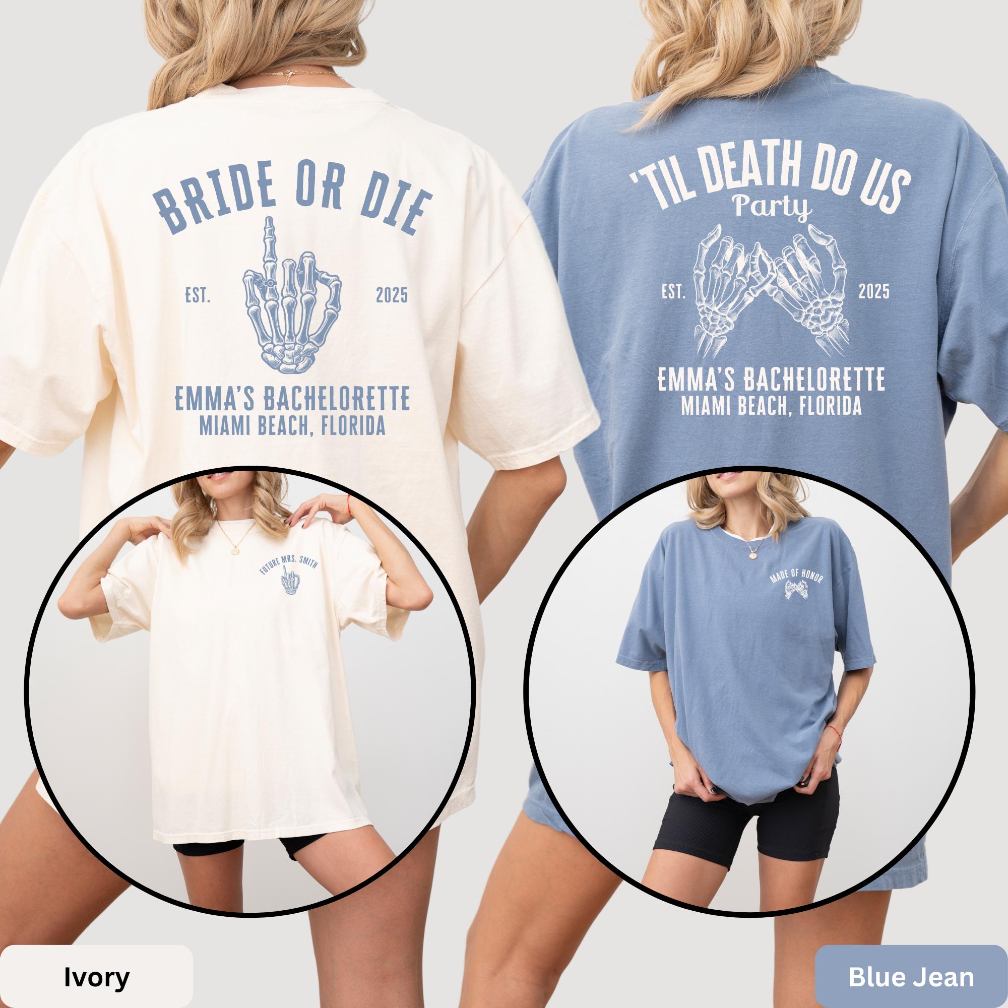 Comfort Colors Custom Bride or Die Shirt Til Death Gothic Halloween Bachelorette Party Spooky Bridal Shower Gift for Bride To Be Bridesmaid