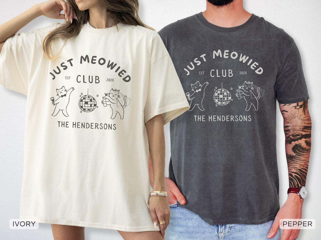 Personalized Just Meowied Club Shirt, Custom Cat Wedding Comfort Colors Tee image 1
