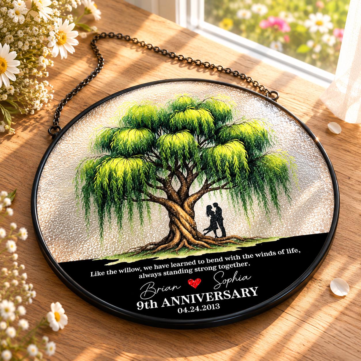 Personalized Willow Tree Anniversary Suncatcher, Custom Stained Glass Window Hanging image 3