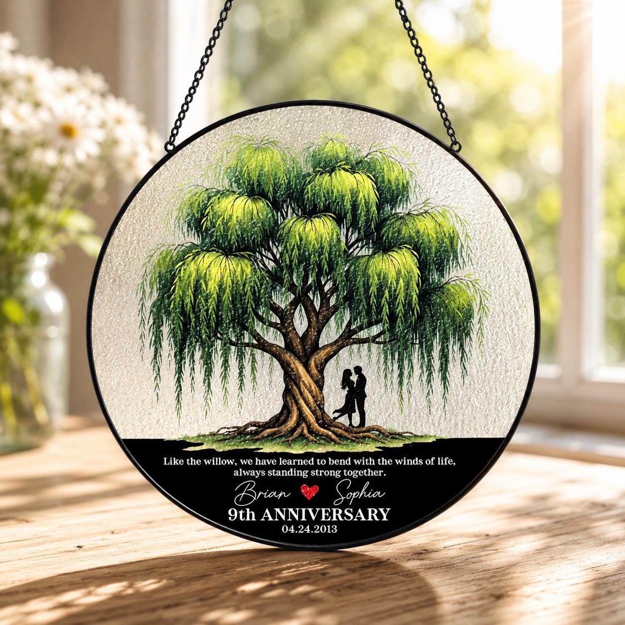Personalized Willow Tree Anniversary Suncatcher, Custom Stained Glass Window Hanging image 4