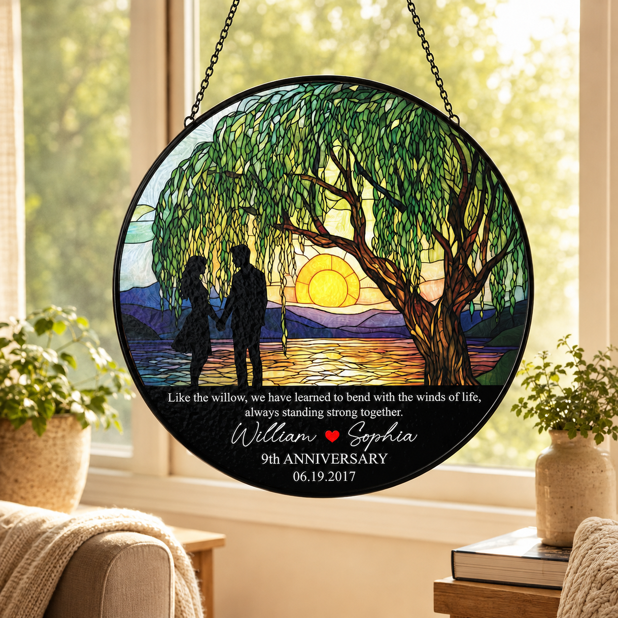 Personalized 9th Anniversary Willow Tree Stained Glass Suncatcher , Custom Couple Names Date Round Window Hanging Gift for Husband Wife