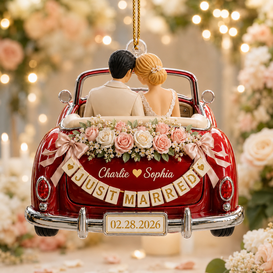 Personalized Just Married Wedding Car Ornament, 1-side Printed Acrylic Bride Groom Keepsake, Custom Date Newlywed Gift