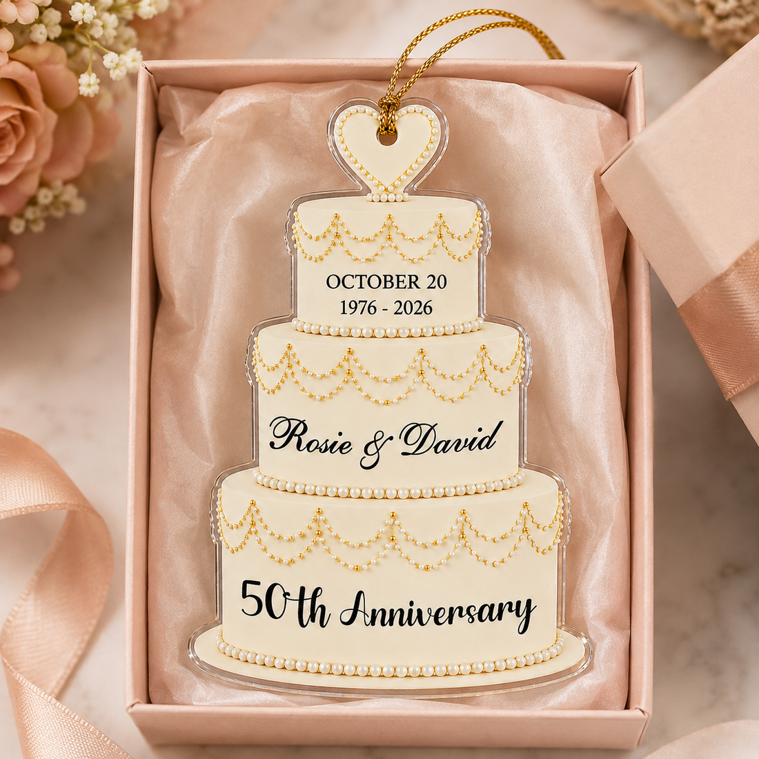 Personalized Wedding Cake Ornament for Anniversary, Custom Couple Names Date & Years Keepsake, 50th Golden Anniversary Christmas Gift