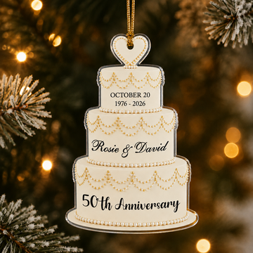 Personalized Wedding Cake Ornament for Anniversary, Custom Couple Names Date & Years Keepsake, 50th Golden Anniversary Christmas Gift