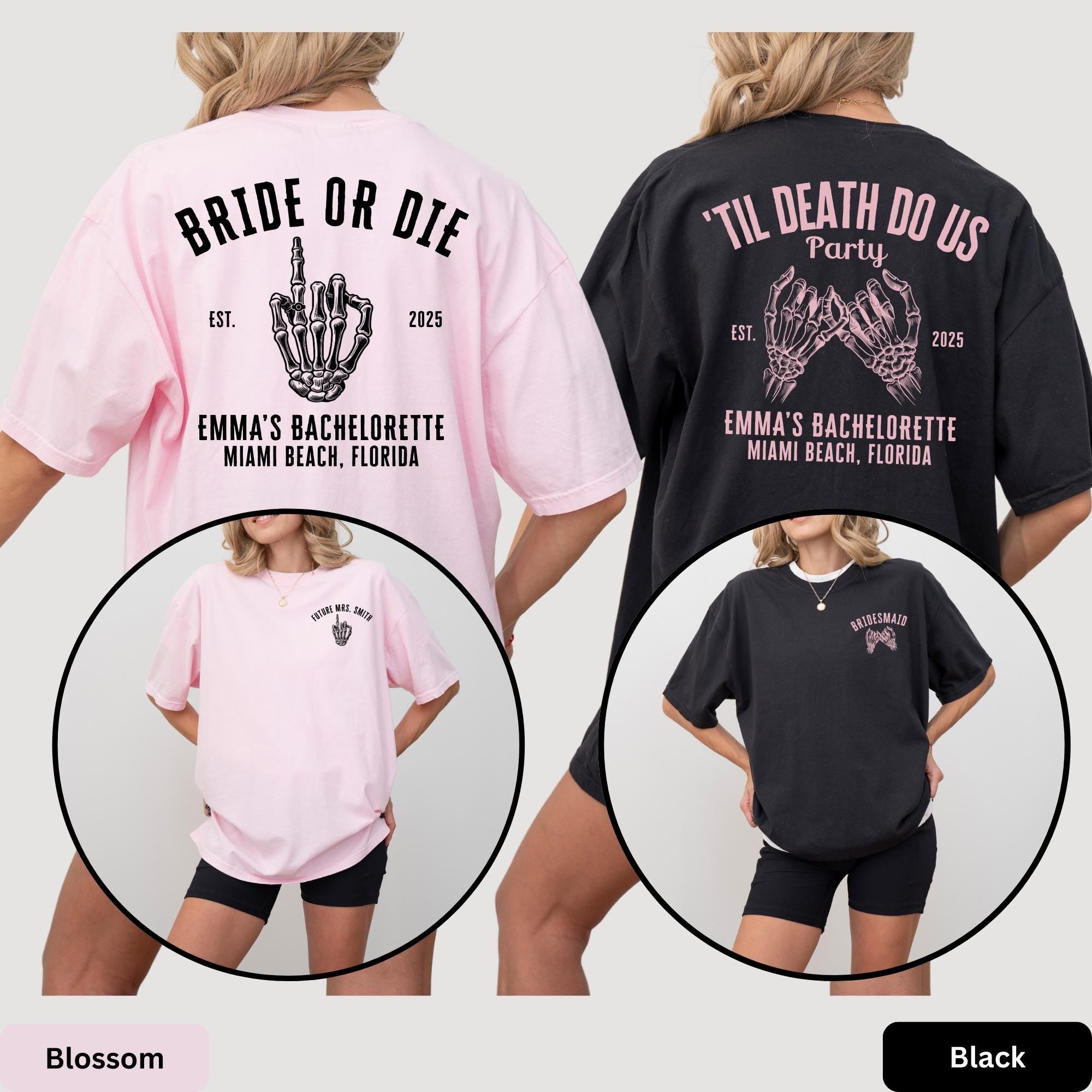 Comfort Colors Custom Bride or Die Shirt Til Death Gothic Halloween Bachelorette Party Spooky Bridal Shower Gift for Bride To Be Bridesmaid