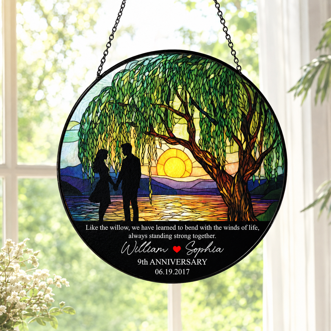 Personalized 9th Anniversary Willow Tree Stained Glass Suncatcher , Custom Couple Names Date Round Window Hanging Gift for Husband Wife
