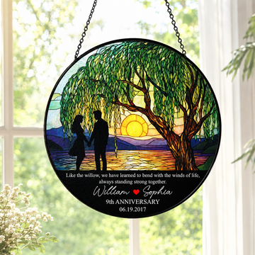 Personalized 9th Anniversary Willow Tree Stained Glass Suncatcher , Custom Couple Names Date Round Window Hanging Gift for Husband Wife