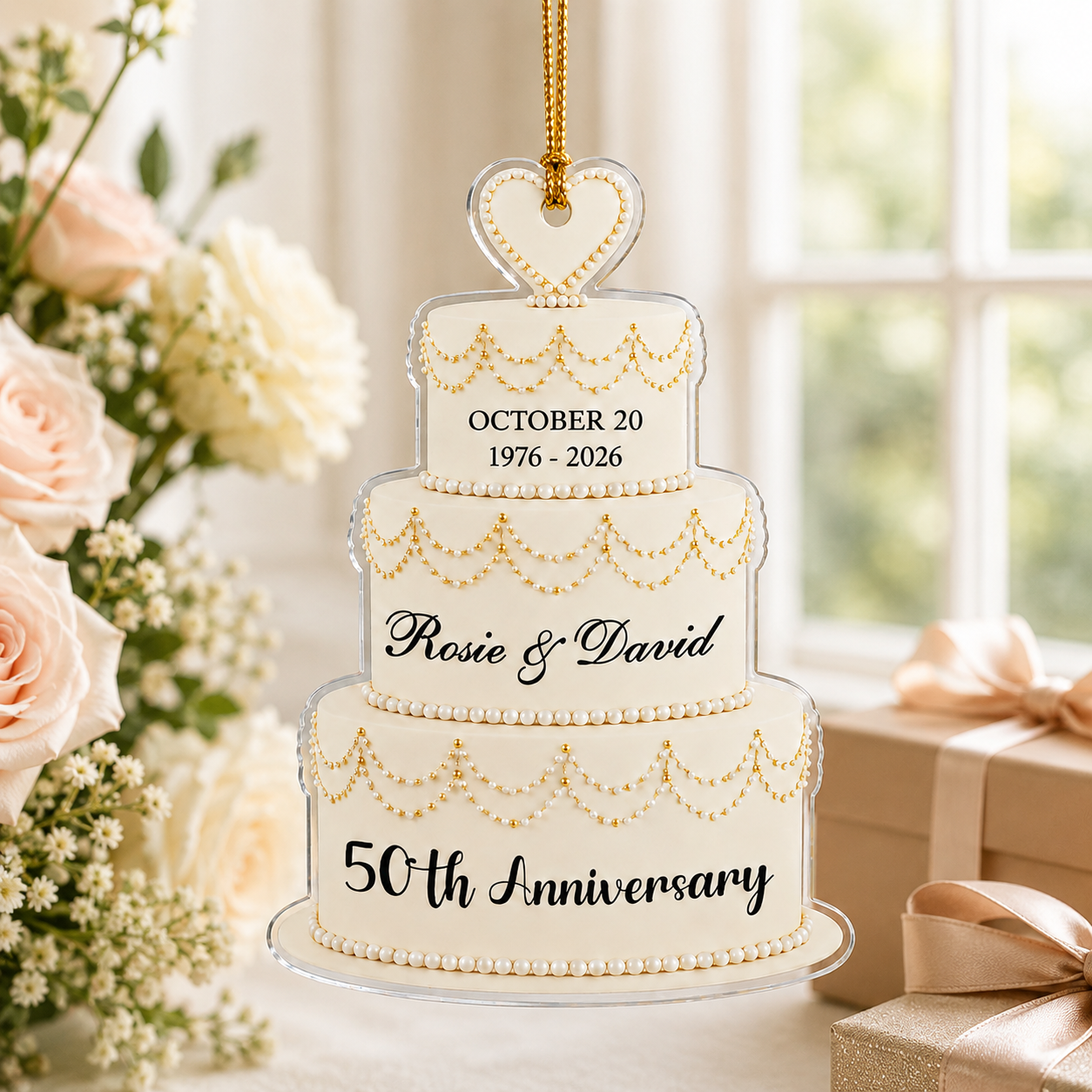 Personalized Wedding Cake Ornament for Anniversary, Custom Couple Names Date & Years Keepsake, 50th Golden Anniversary Christmas Gift