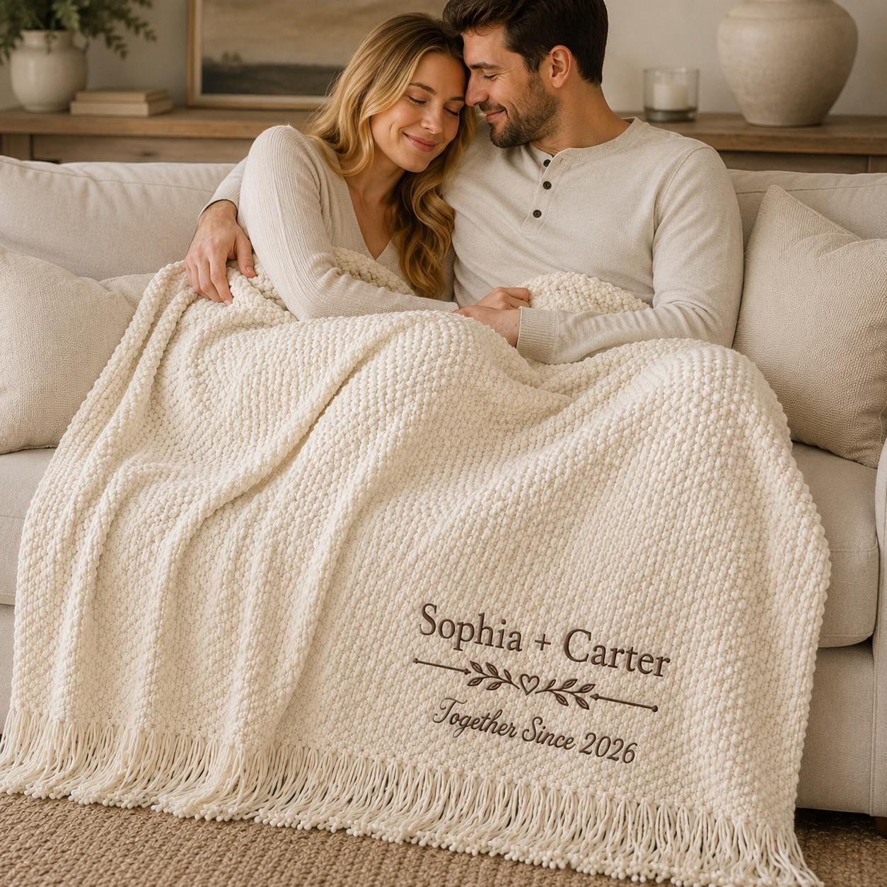 Personalized Knit Blanket, Custom Name & Date Throw, Cozy Gift for Couples, Friends & Family, Wedding, Newlywed or Anniversary Keepsake