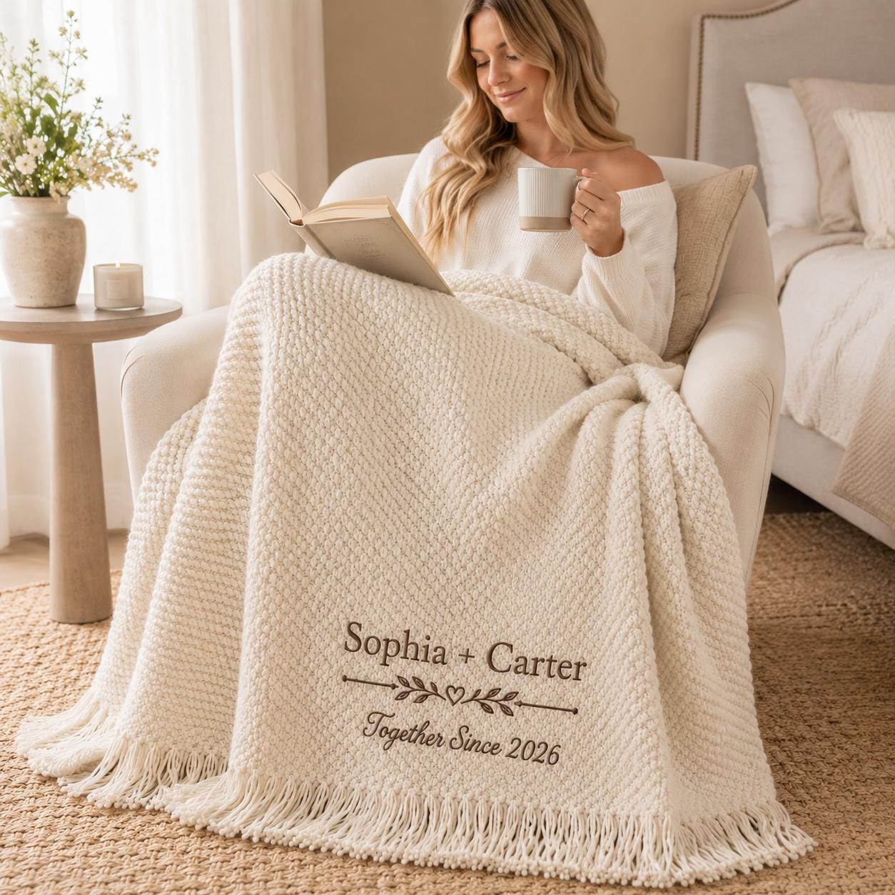 Personalized Knit Blanket, Custom Name & Date Throw, Cozy Gift for Couples, Friends & Family, Wedding, Newlywed or Anniversary Keepsake