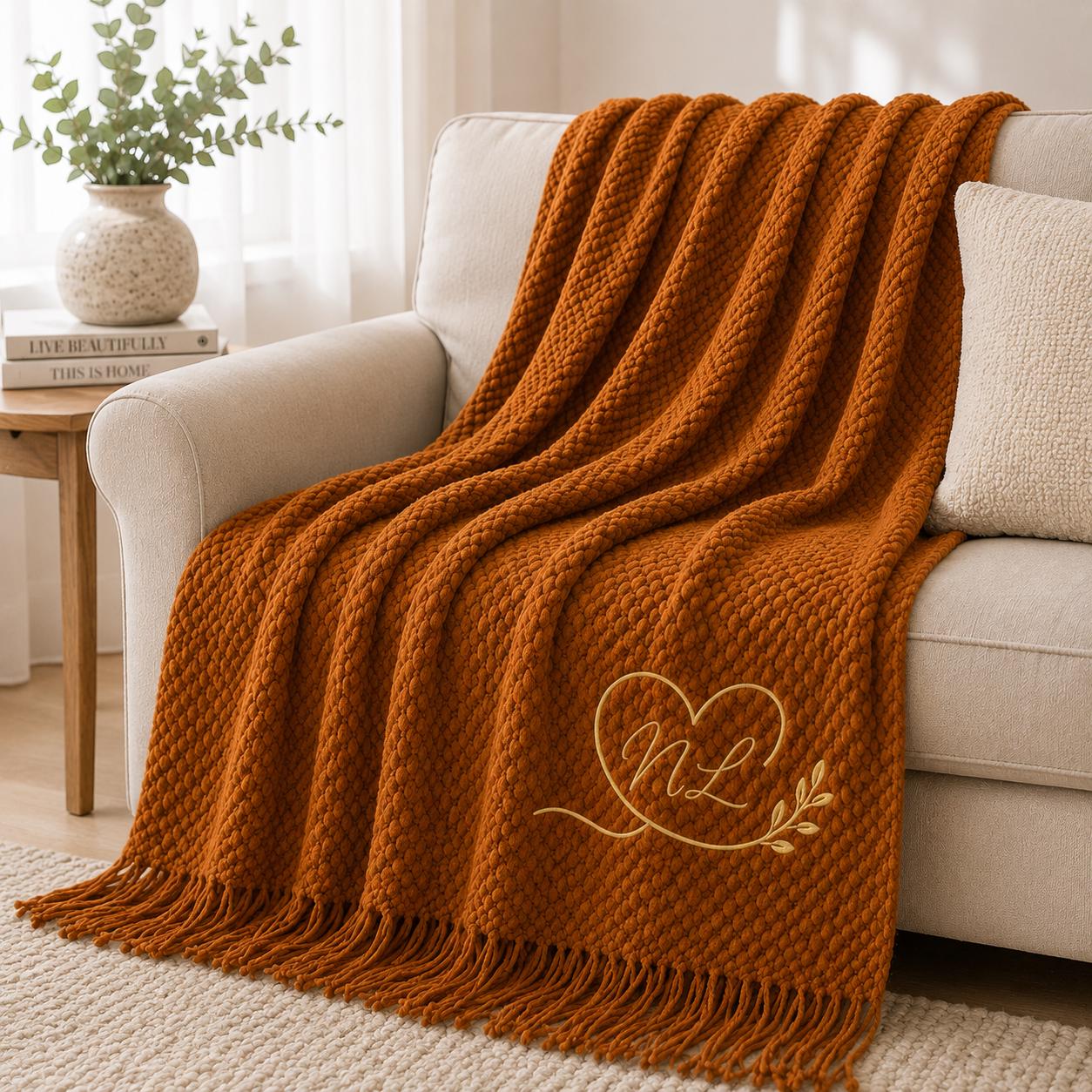 Personalized Wedding Knit Blanket, Custom Embroidered Throw Blanket with Names and Date, Anniversary Gift for Couple, Cozy Fringe Blanket