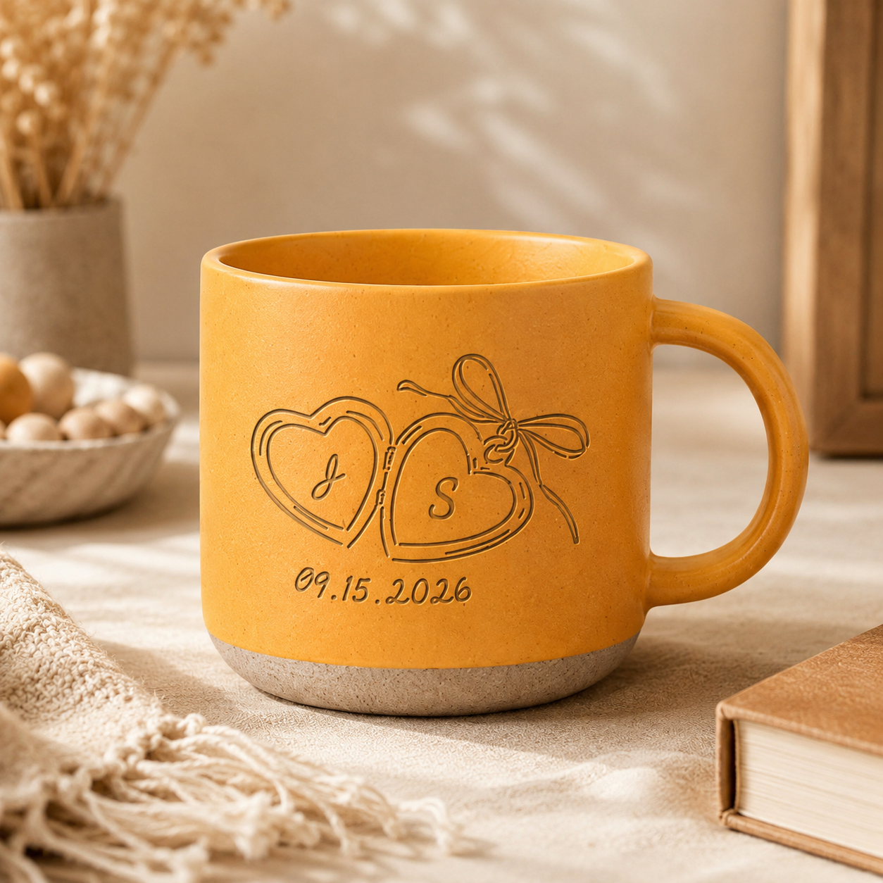 Personalized Couple Pottery Mug, Printed or Engraved Initials Heart Mug, Anniversary Gift, Wedding Gift for Couple, Romantic Keepsake