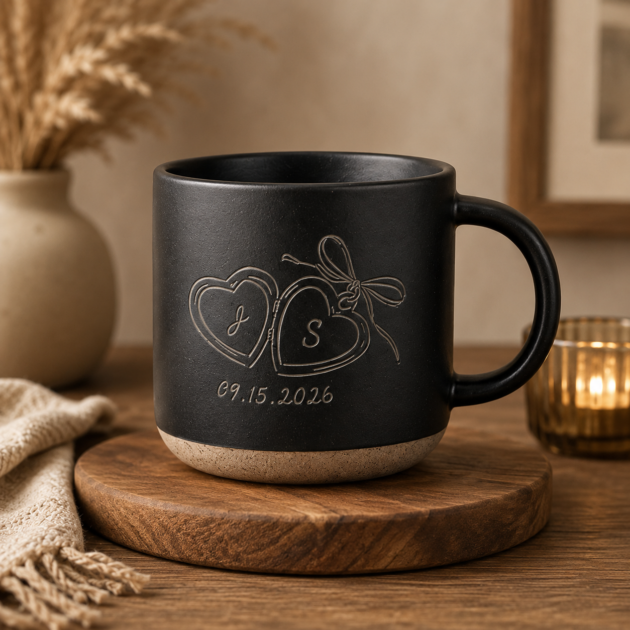 Personalized Couple Pottery Mug, Printed or Engraved Initials Heart Mug, Anniversary Gift, Wedding Gift for Couple, Romantic Keepsake