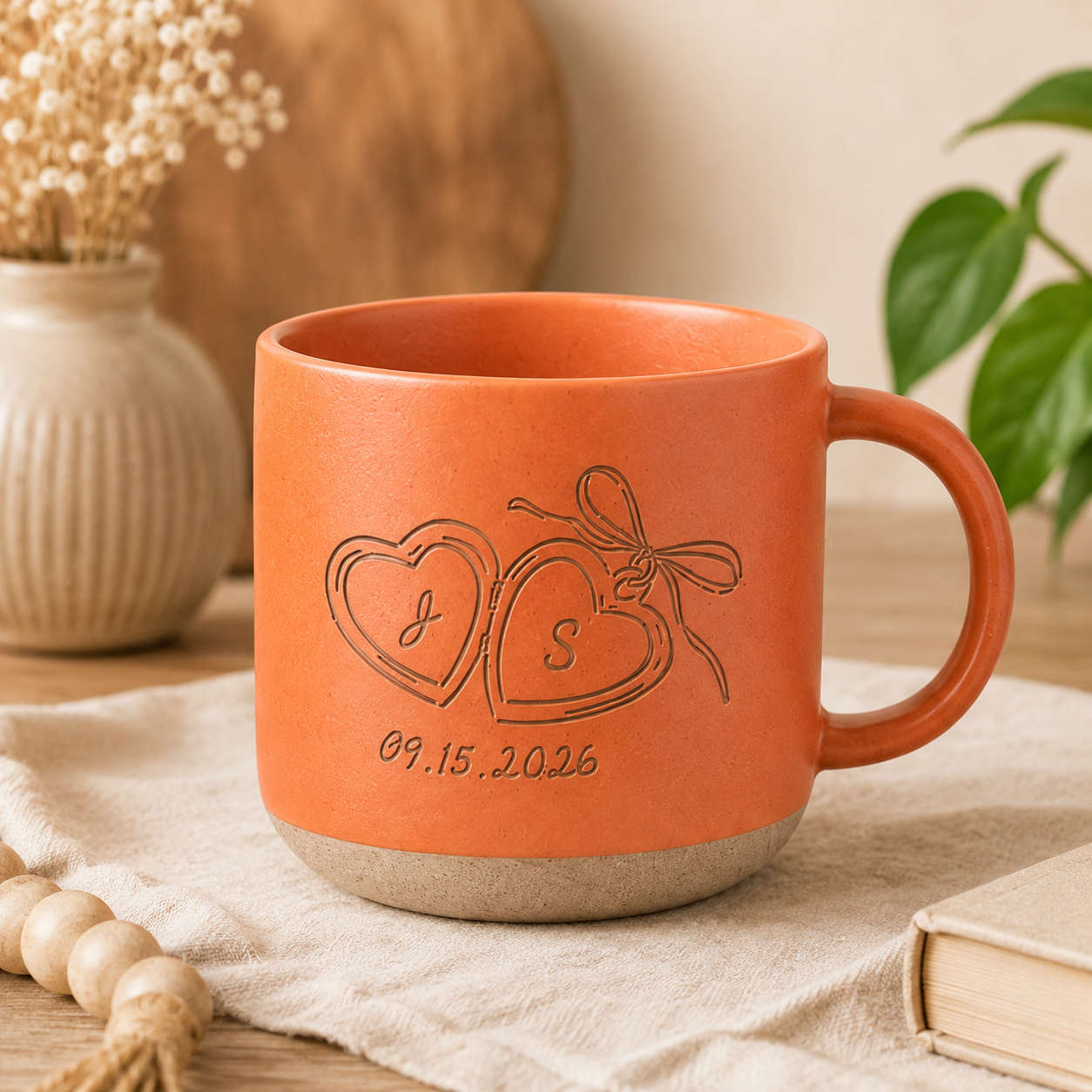 Personalized Couple Pottery Mug, Printed or Engraved Initials Heart Mug, Anniversary Gift, Wedding Gift for Couple, Romantic Keepsake