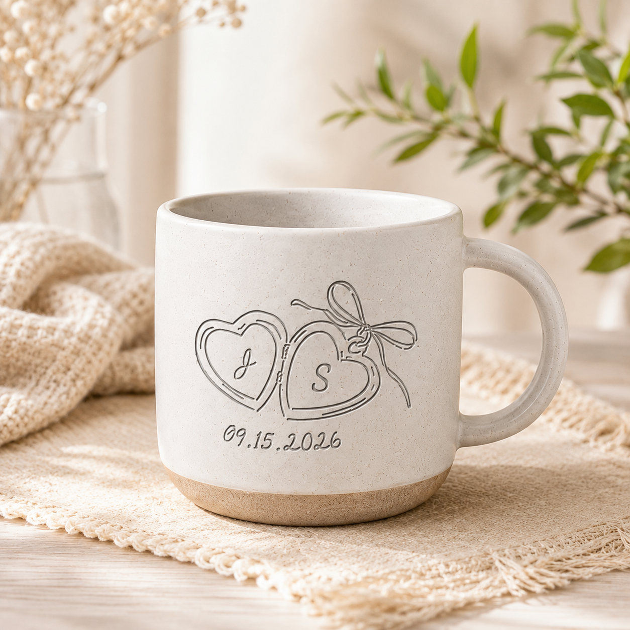 Personalized Couple Pottery Mug, Printed or Engraved Initials Heart Mug, Anniversary Gift, Wedding Gift for Couple, Romantic Keepsake