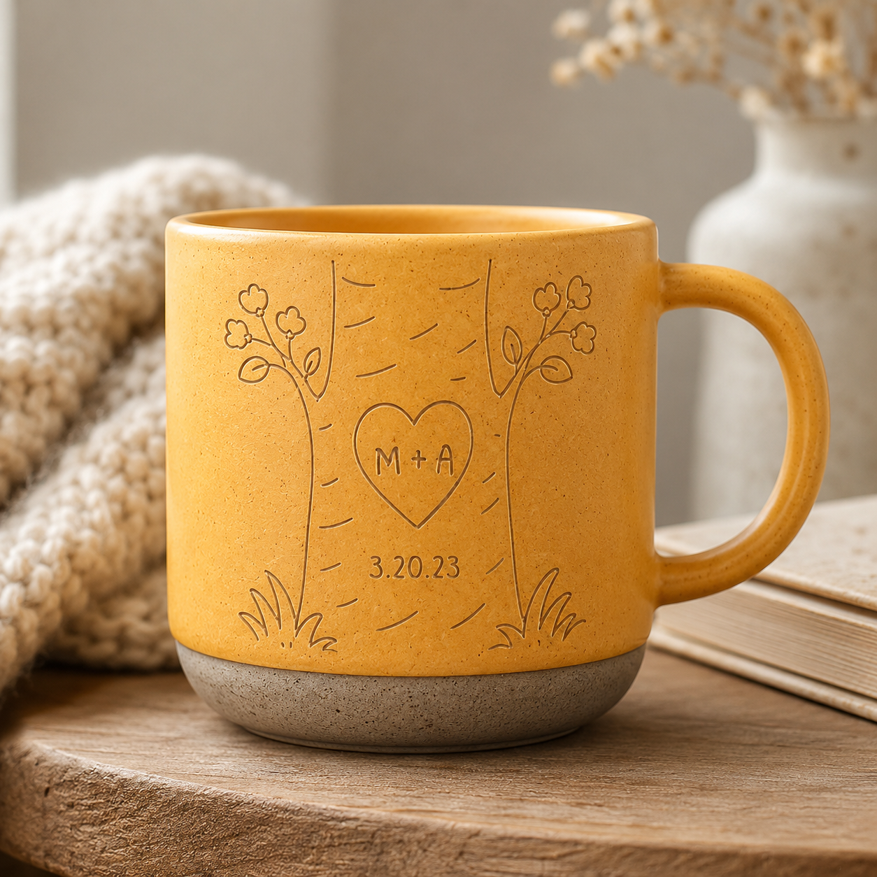 Personalized Couple Pottery Mug, Printed or Engraved Heart Tree Mug, Custom Initials & Date, Anniversary Gift, Wedding Gift, Newlywed Keepsake