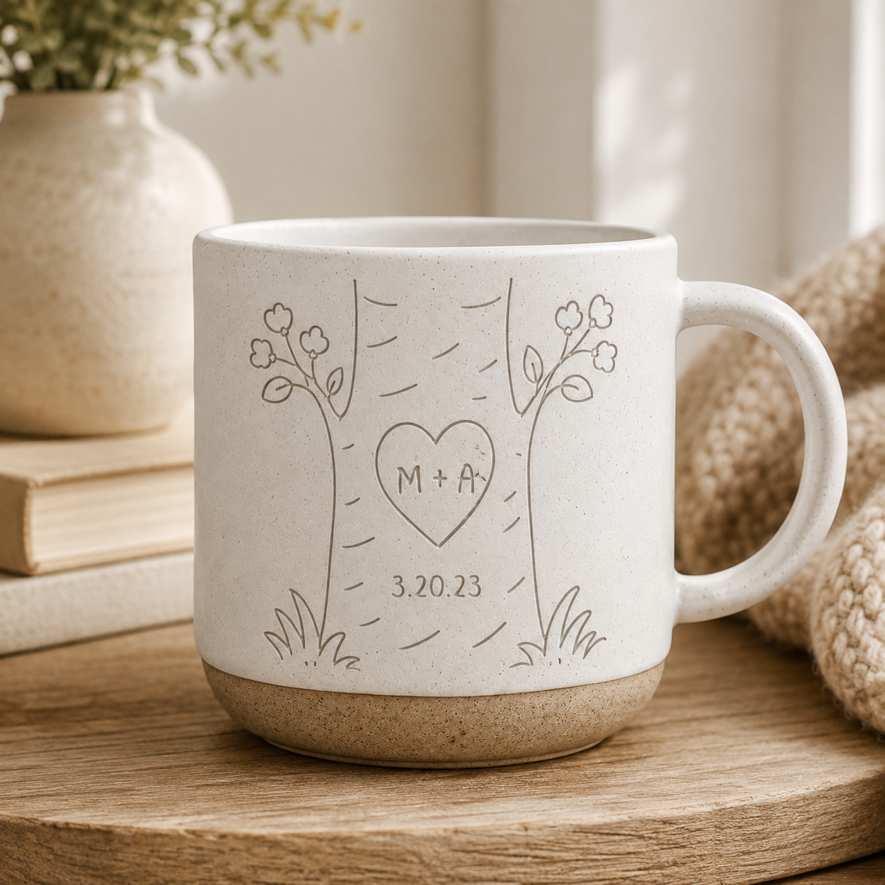 Personalized Couple Pottery Mug, Printed or Engraved Heart Tree Mug, Custom Initials & Date, Anniversary Gift, Wedding Gift, Newlywed Keepsake