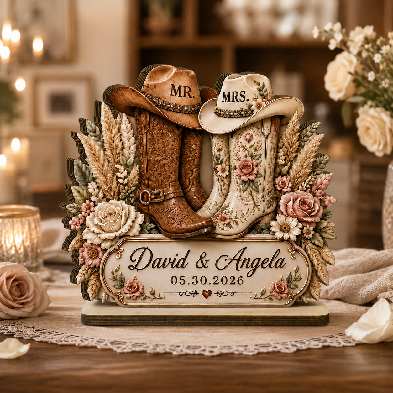 Rustic Cowboy Boots Personalized Wedding Wooden Block, Custom Anniversary Gift for Couples