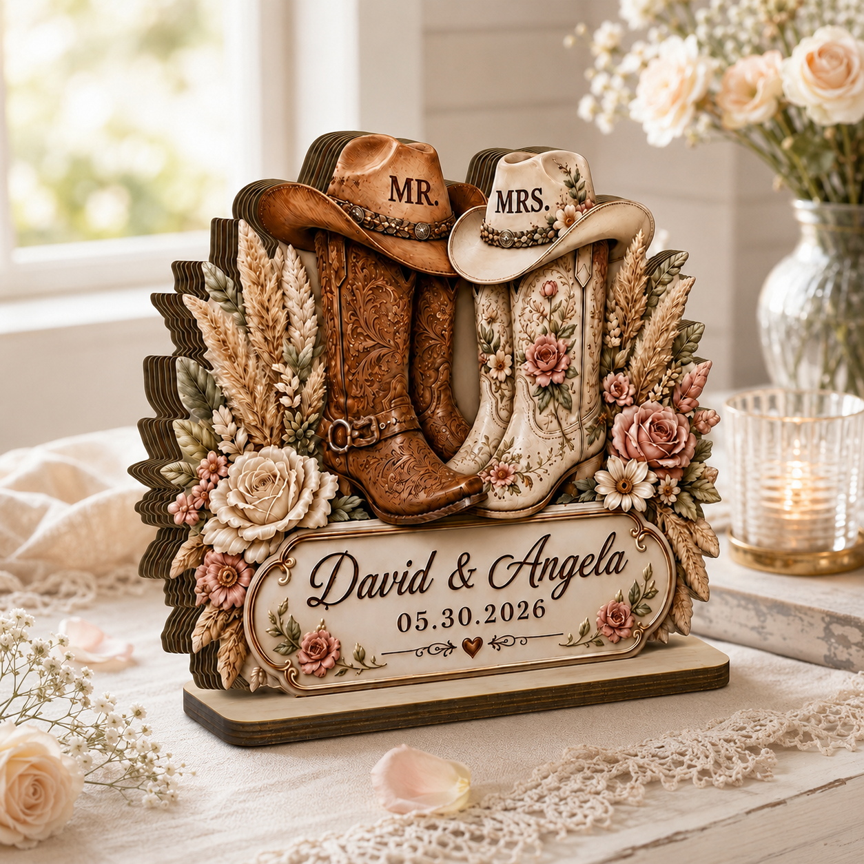 Rustic Cowboy Boots Personalized Wedding Wooden Block, Custom Anniversary Gift for Couples