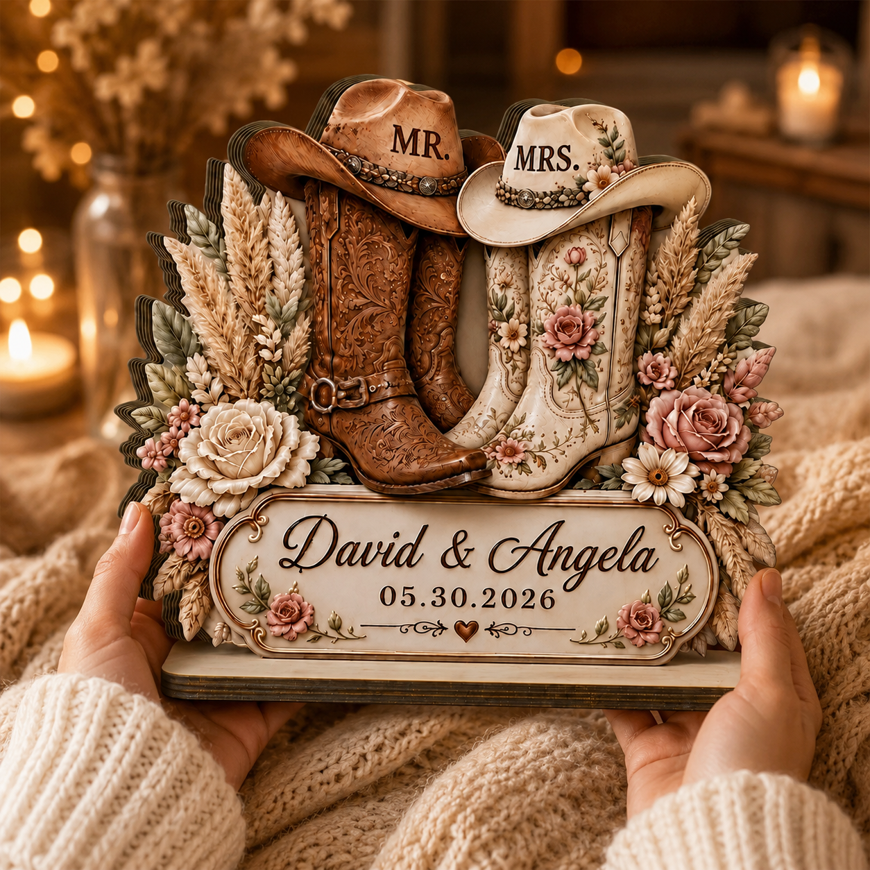 Rustic Cowboy Boots Personalized Wedding Wooden Block, Custom Anniversary Gift for Couples