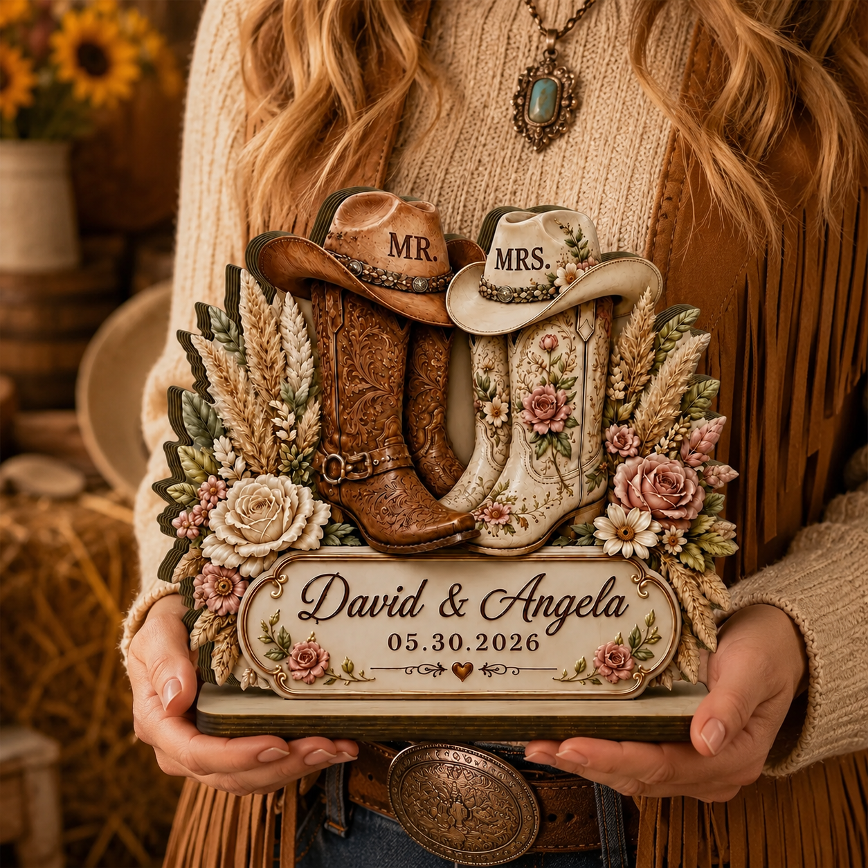 Rustic Cowboy Boots Personalized Wedding Wooden Block, Custom Anniversary Gift for Couples