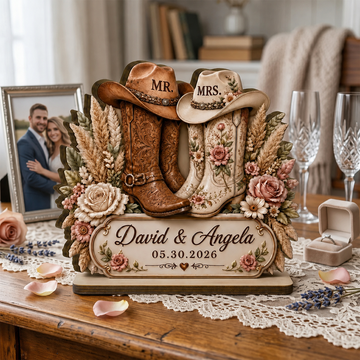 Rustic Cowboy Boots Personalized Wedding Wooden Block, Custom Anniversary Gift for Couples